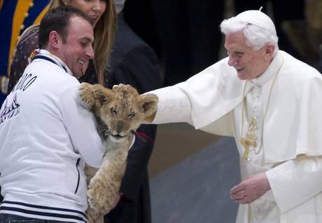 Папа Римский гладит львёнка Симбу
