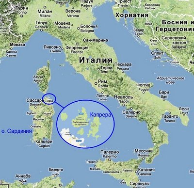 Остров Капрера на карте Италии